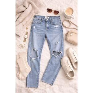AGOLDE Women's Sophie High Rise Distressed Skinny Jeans Beyond Blue Raw Hem 23